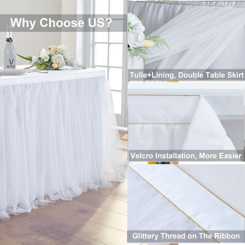 NSSONBEN 167in White Tulle Table Skirts for Rectangle Tables 6ft 8ft, 2-Layer Gold Grim Ruffle Tulle Tutu Cloth Table Skirt 14ft Long for Wedding Birthday Party Baby Shower Cake Dessert Tables(No Table Cover) - Image 4